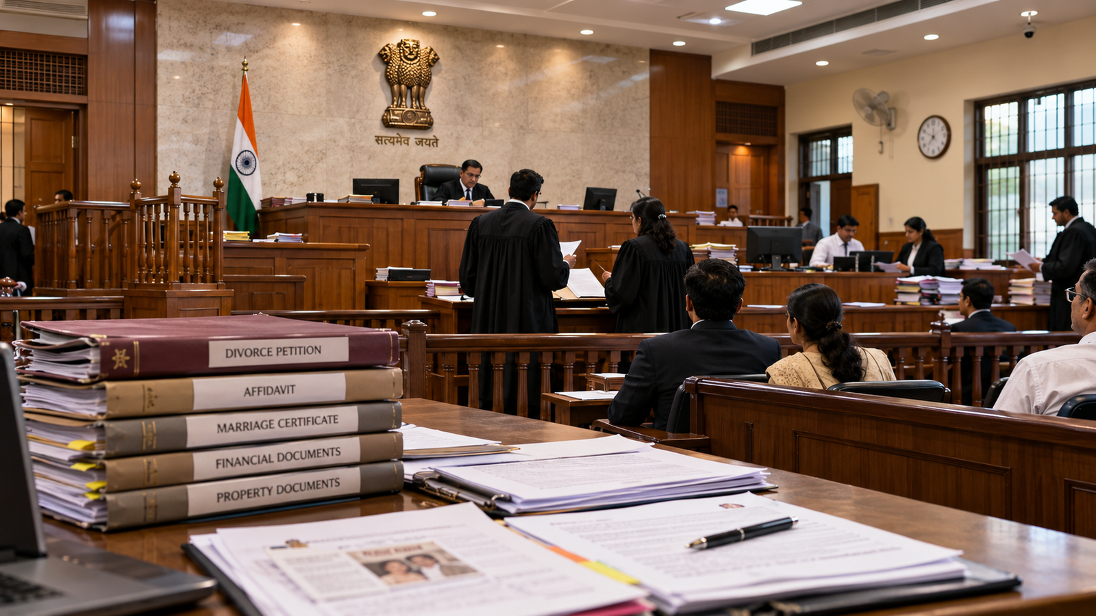 Indian Courtroom Hearing with Divorce Files
